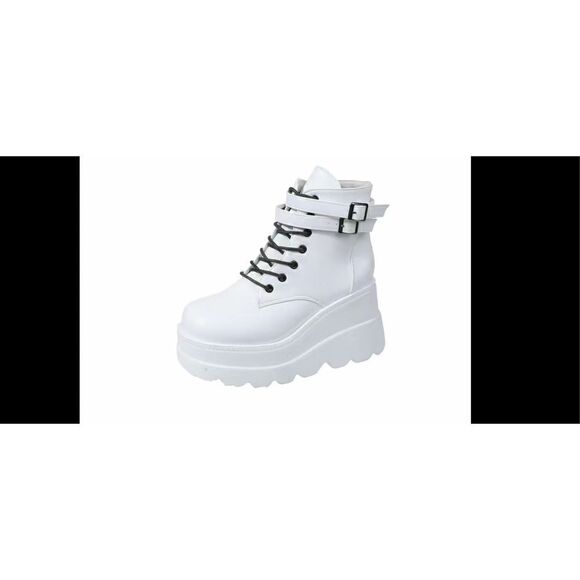 White platform, wedge, heeled punk style boots with Side buckles black zipper an - Picture 2 of 11